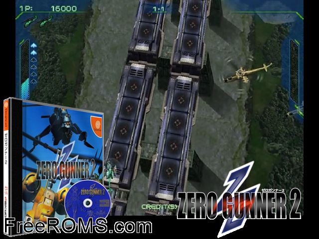 Zero Gunner 2 v1.000 (JP) Sega Dreamcast game showing 3D box cover and gameplay screenshot