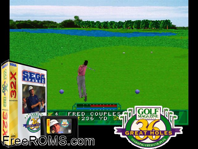 36 Great Holes Starring Fred Couples (32X) (USA/Japan) Sega Genesis 32x game showing 3D box cover and gameplay screenshot