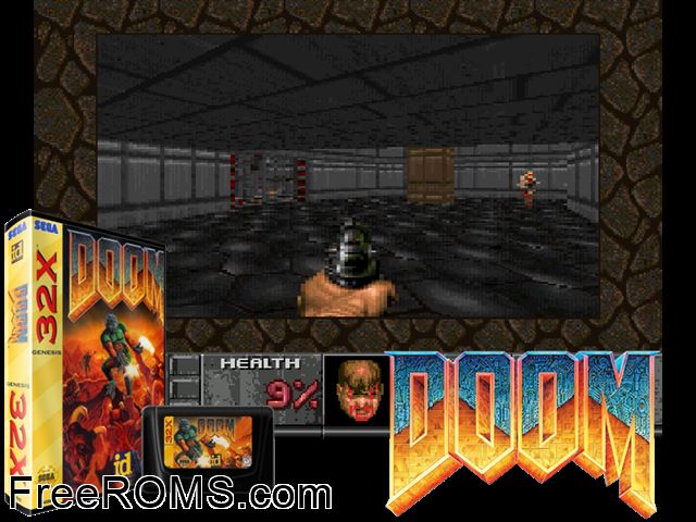 Doom (32X) (USA/Japan) Sega Genesis 32x game showing 3D box cover and gameplay screenshot