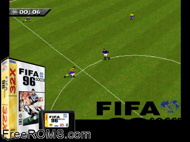FIFA International Soccer 96 (32X) Sega Genesis 32x game showing 3D box cover and gameplay screenshot