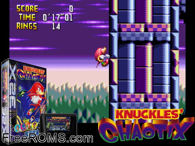 Knuckles' Chaotix (32X)  Sega Genesis 32x game showing 3D box cover and gameplay screenshot