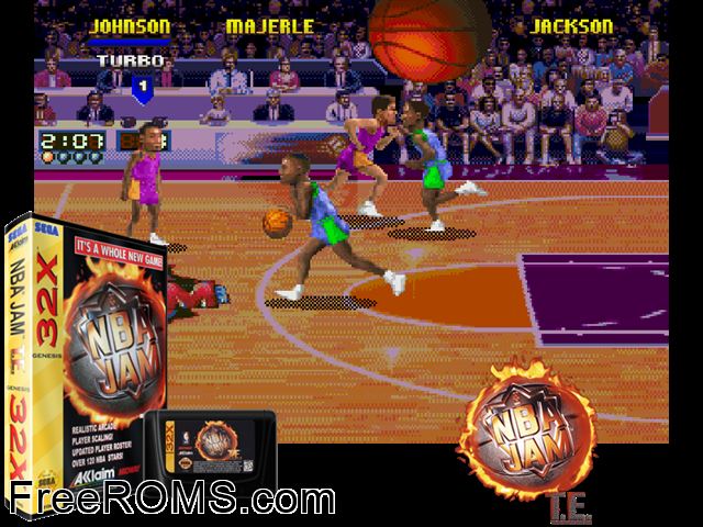 NBA Jam Tournament Edition (32X) Sega Genesis 32x game showing 3D box cover and gameplay screenshot