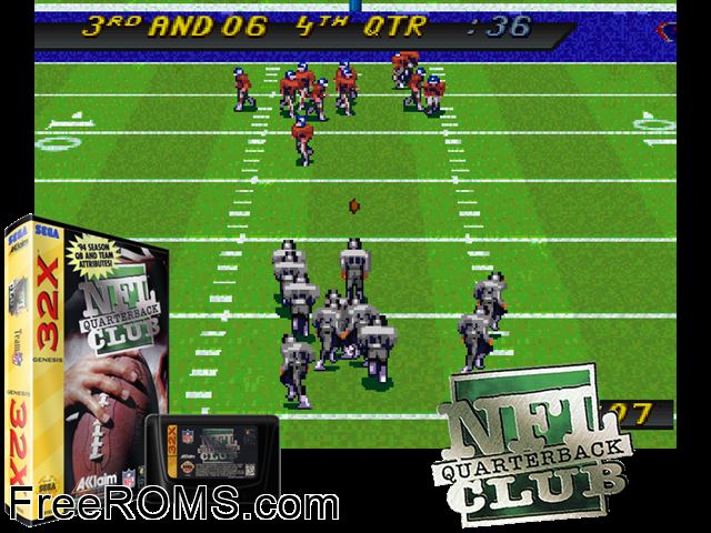 NFL Quarterback Club (32X) Sega Genesis 32x game showing 3D box cover and gameplay screenshot
