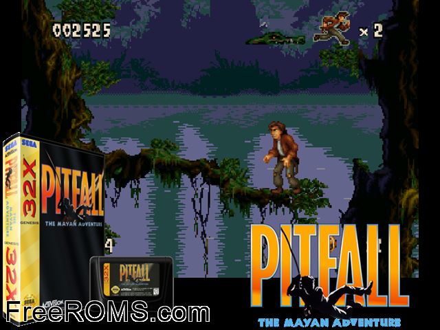 Pitfall (32X) Sega Genesis 32x game showing 3D box cover and gameplay screenshot