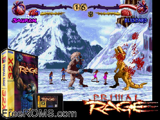 Primal Rage (32X) Sega Genesis 32x game showing 3D box cover and gameplay screenshot