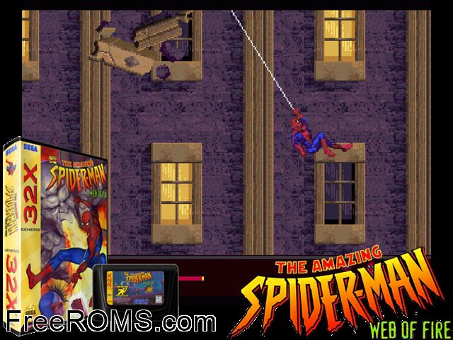 Spider-Man - Web of Fire (32X) Sega Genesis 32x game showing 3D box cover and gameplay screenshot