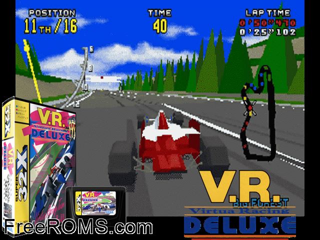 Virtua Racing Deluxe (32X) (Japan) Sega Genesis 32x game showing 3D box cover and gameplay screenshot