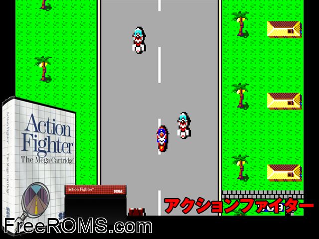 Action Fighter Sega Master System game showing 3D box cover and gameplay screenshot