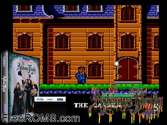 Addams Family Sega Master System game showing 3D box cover and gameplay screenshot