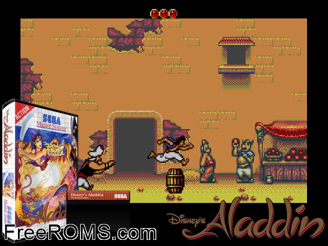Aladdin (US) Sega Master System game showing 3D box cover and gameplay screenshot