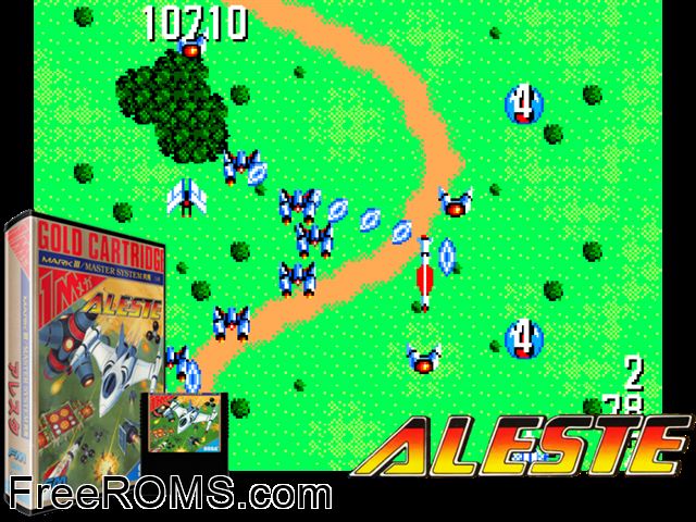 Aleste Sega Master System game showing 3D box cover and gameplay screenshot