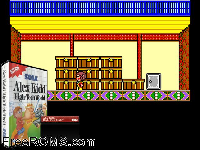 Alex Kidd in High Tech World Sega Master System game showing 3D box cover and gameplay screenshot