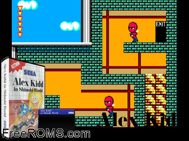 Alex Kidd in Shinobi World Sega Master System game showing 3D box cover and gameplay screenshot