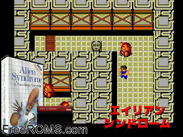 Alien Syndrome Sega Master System game showing 3D box cover and gameplay screenshot