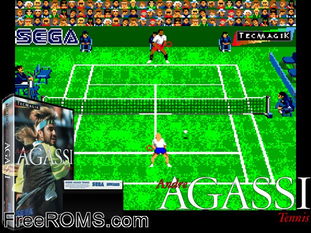 Andre Agassi Tennis Sega Master System game showing 3D box cover and gameplay screenshot