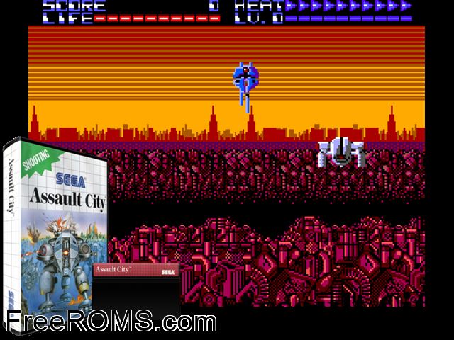 Assault City Sega Master System game showing 3D box cover and gameplay screenshot