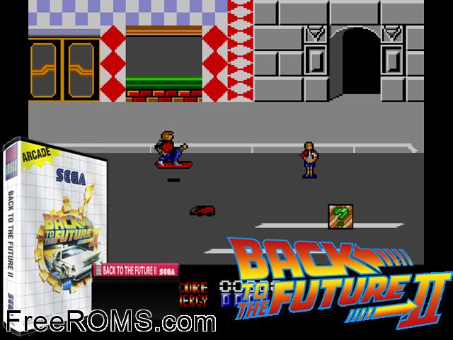 Back to the Future 2 Sega Master System game showing 3D box cover and gameplay screenshot