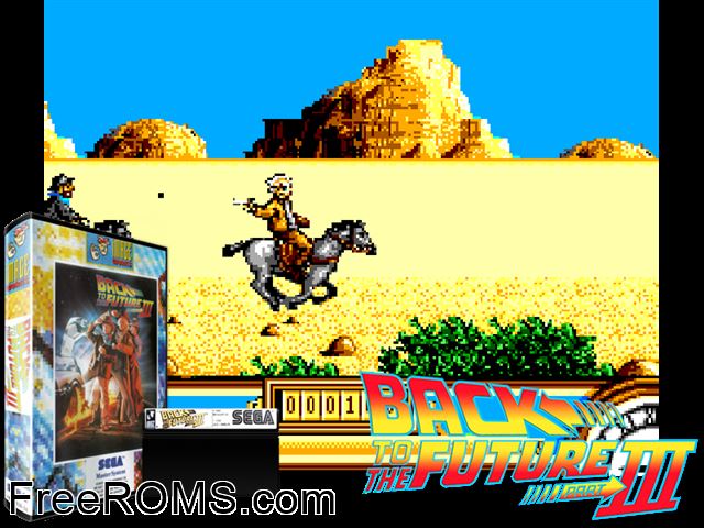 Back to the Future 3 Sega Master System game showing 3D box cover and gameplay screenshot