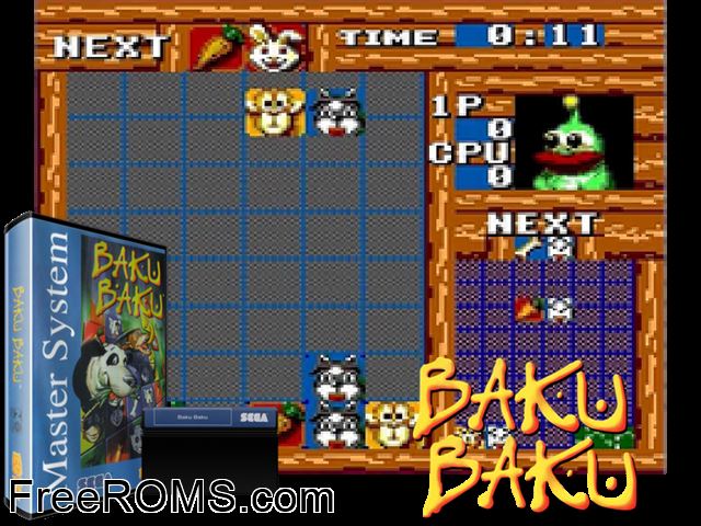 Baku Baku Animal Sega Master System game showing 3D box cover and gameplay screenshot