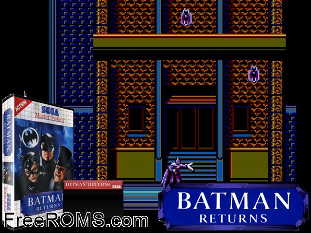 Batman Returns Sega Master System game showing 3D box cover and gameplay screenshot