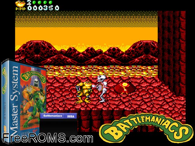 Battlemaniacs Sega Master System game showing 3D box cover and gameplay screenshot