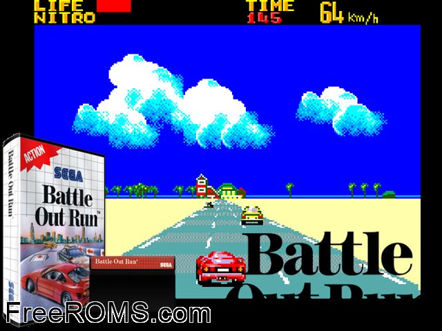 Battle Out Run Sega Master System game showing 3D box cover and gameplay screenshot