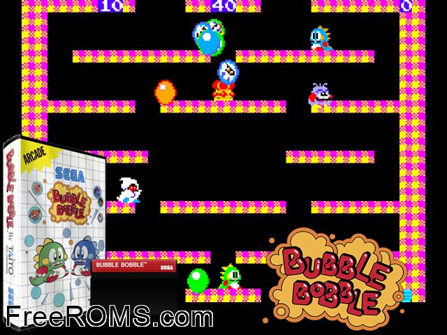 Bubble Bobble Sega Master System game showing 3D box cover and gameplay screenshot