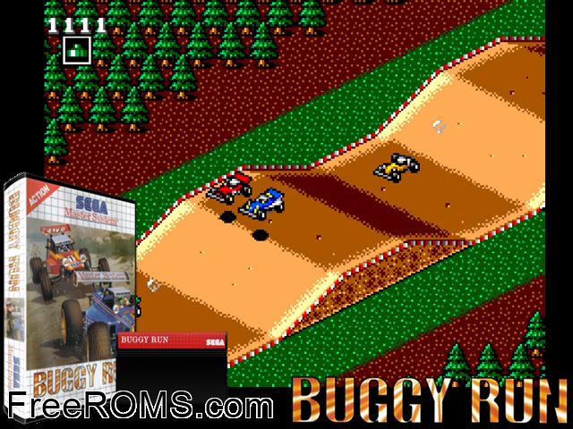 Buggy Run Sega Master System game showing 3D box cover and gameplay screenshot