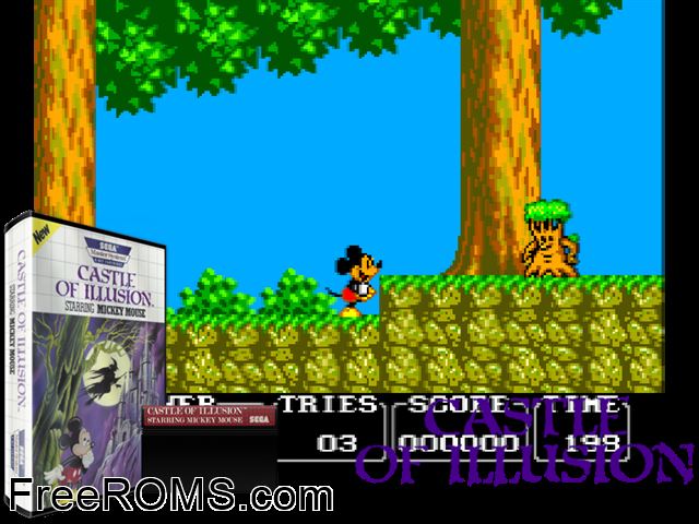 Castle of Illusion Sega Master System game showing 3D box cover and gameplay screenshot