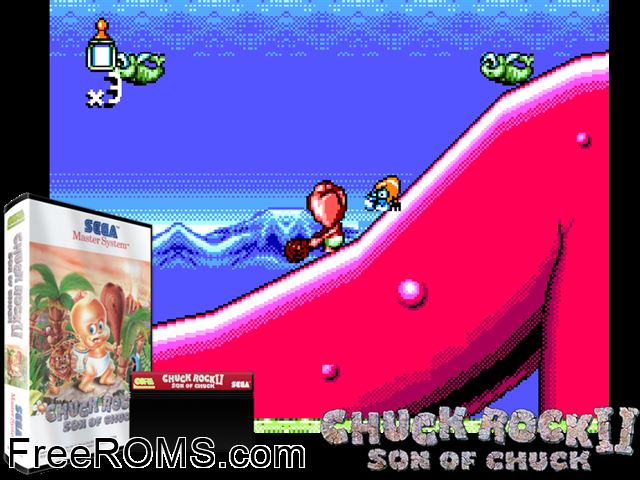 Chuck Rock 2 Sega Master System game showing 3D box cover and gameplay screenshot