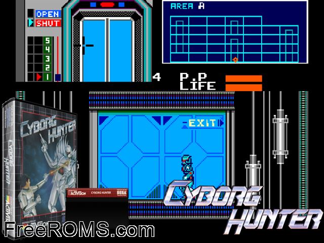 Cyborg Hunter Sega Master System game showing 3D box cover and gameplay screenshot