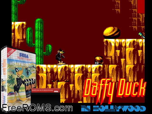 Daffy Duck in Hollywood Sega Master System game showing 3D box cover and gameplay screenshot