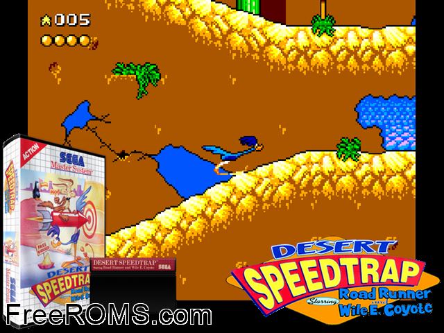 Desert Speedtrap Sega Master System game showing 3D box cover and gameplay screenshot