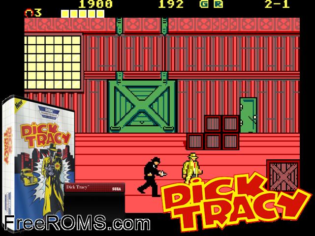 Dick Tracy Sega Master System game showing 3D box cover and gameplay screenshot