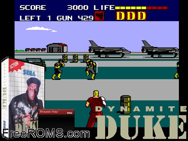 Dynamite Duke Sega Master System game showing 3D box cover and gameplay screenshot