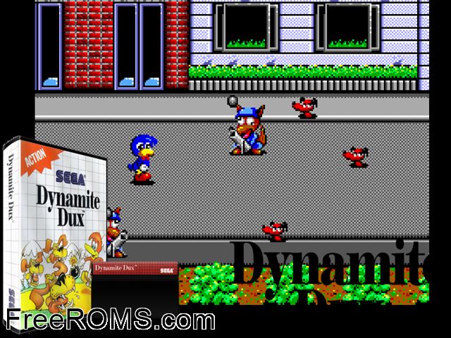 Dynamite Dux Sega Master System game showing 3D box cover and gameplay screenshot