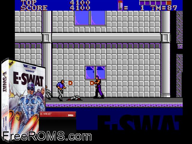 E-SWAT.ZIP Sega Master System game showing 3D box cover and gameplay screenshot