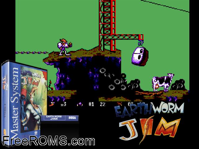 Earthworm Jim (US) Sega Master System game showing 3D box cover and gameplay screenshot