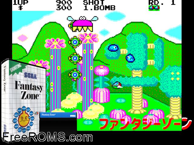 Fantasy Zone Sega Master System game showing 3D box cover and gameplay screenshot
