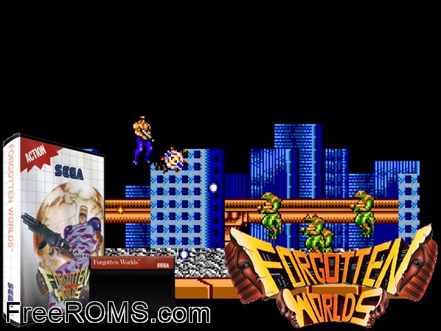 Forgotten Worlds Sega Master System game showing 3D box cover and gameplay screenshot