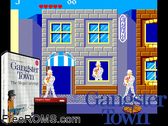 Gangster Town Sega Master System game showing 3D box cover and gameplay screenshot