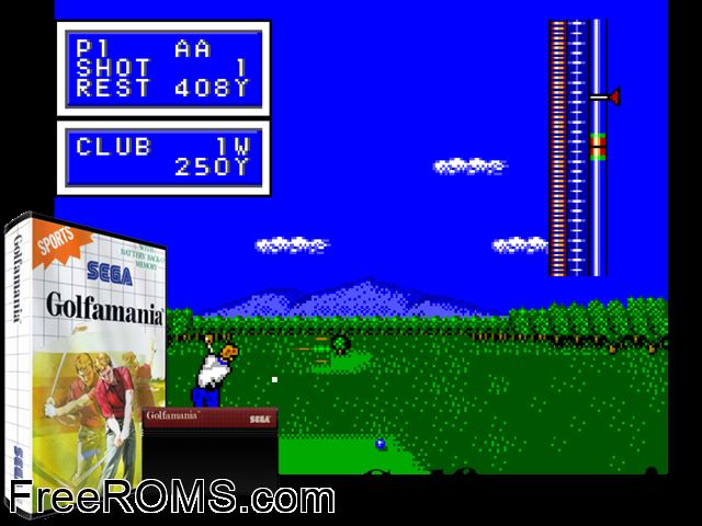 Golfamania Sega Master System game showing 3D box cover and gameplay screenshot