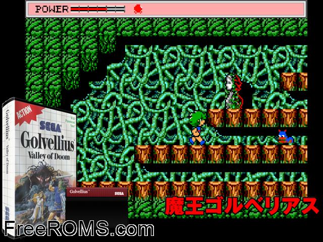 Golvellius Sega Master System game showing 3D box cover and gameplay screenshot
