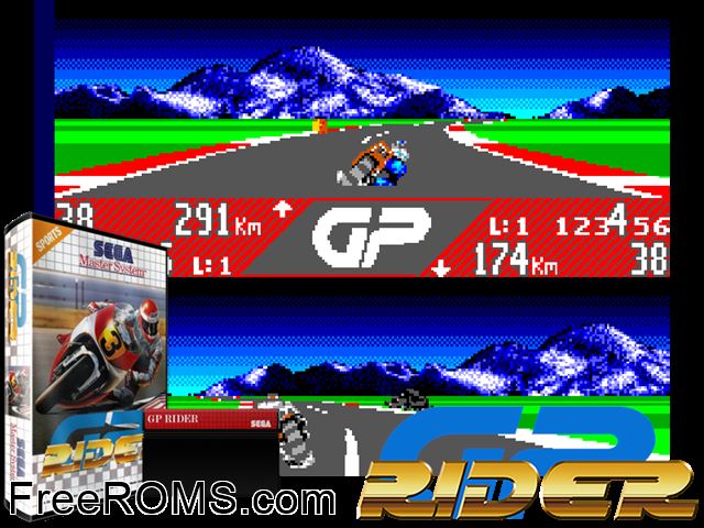 GP Rider Sega Master System game showing 3D box cover and gameplay screenshot