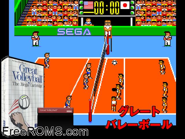 Great Volley Ball Sega Master System game showing 3D box cover and gameplay screenshot