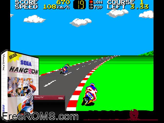 Hang On Sega Master System game showing 3D box cover and gameplay screenshot