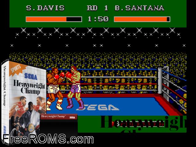 Heavyweight Champ Sega Master System game showing 3D box cover and gameplay screenshot