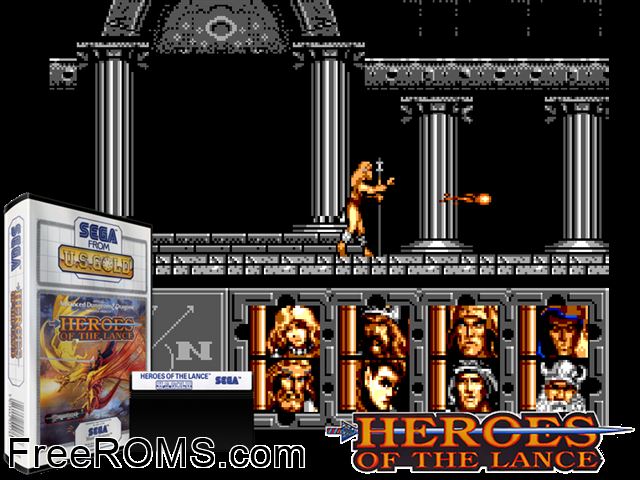 Heroes of the Lance Sega Master System game showing 3D box cover and gameplay screenshot