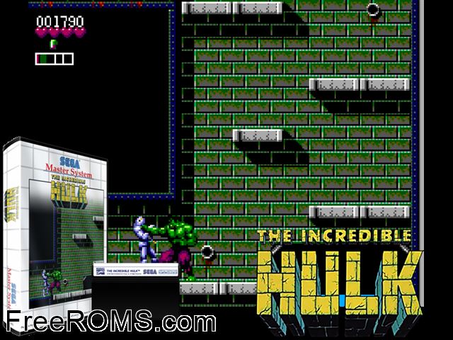 Incredible Hulk Sega Master System game showing 3D box cover and gameplay screenshot