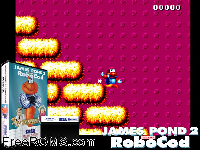 James Pond 2 - Robocod Sega Master System game showing 3D box cover and gameplay screenshot